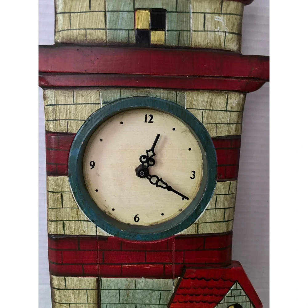 Vintage Nautical Lighthouse Wood Wall Clock Hand Painted Folk Art Coastal Decor